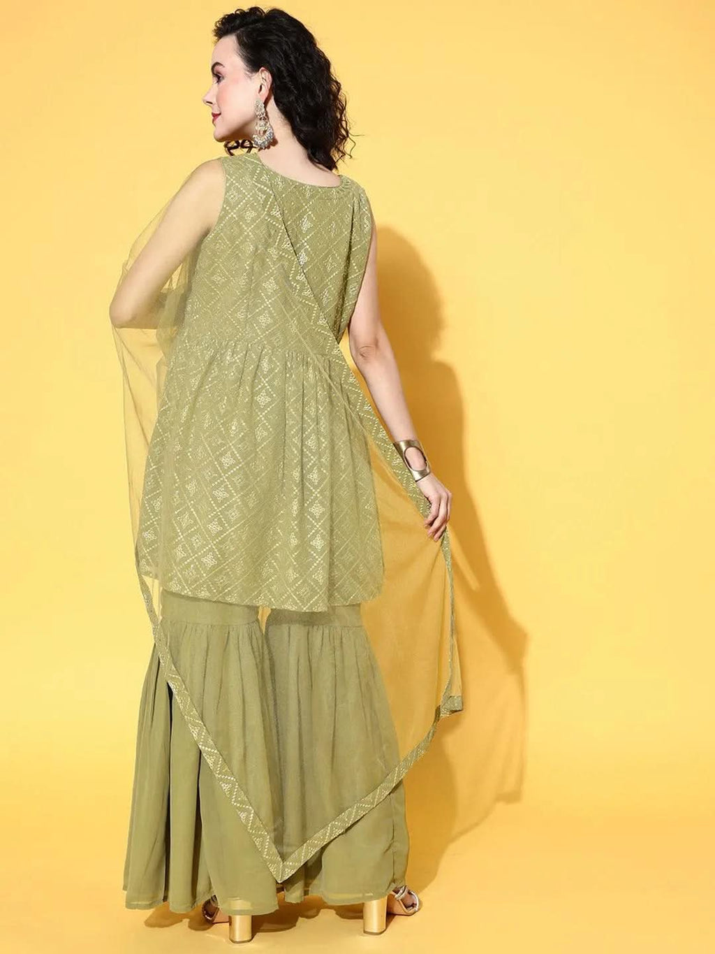 Olive Embroidered Georgette A-Line Sharara Suit Set With Dupatta