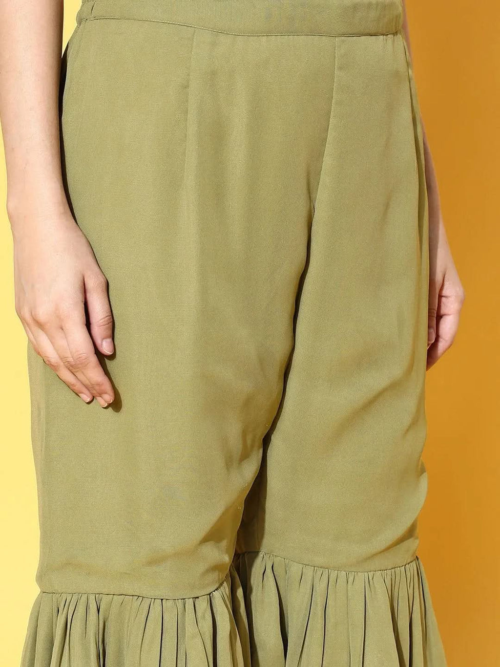 Olive Embroidered Georgette A-Line Sharara Suit Set With Dupatta