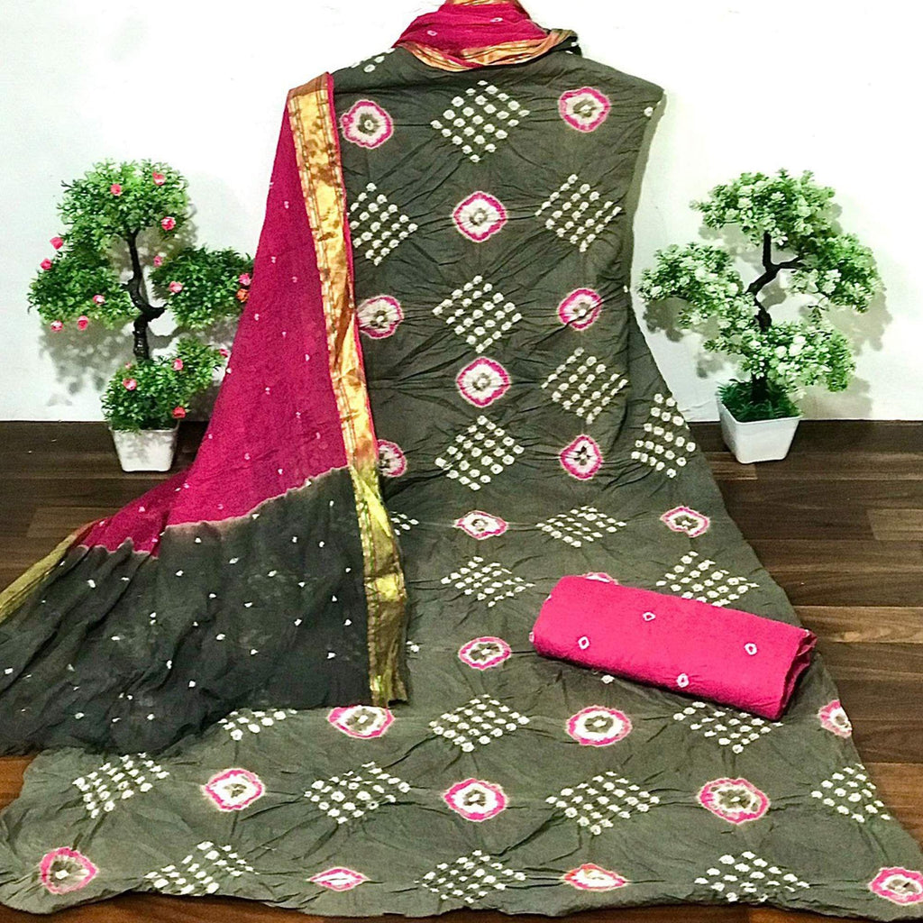 Olive Green Bandhani Printed Cotton Dress Material