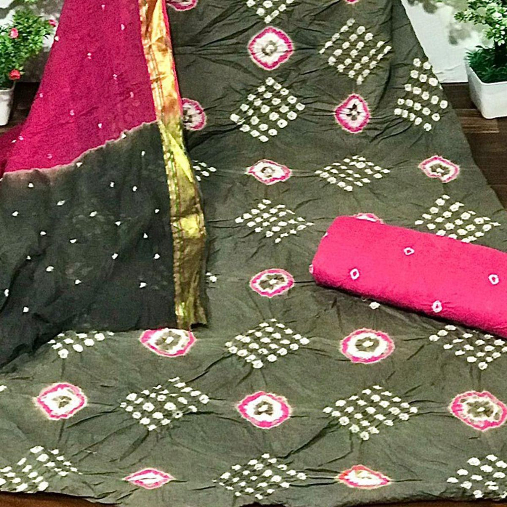Olive Green Bandhani Printed Cotton Dress Material