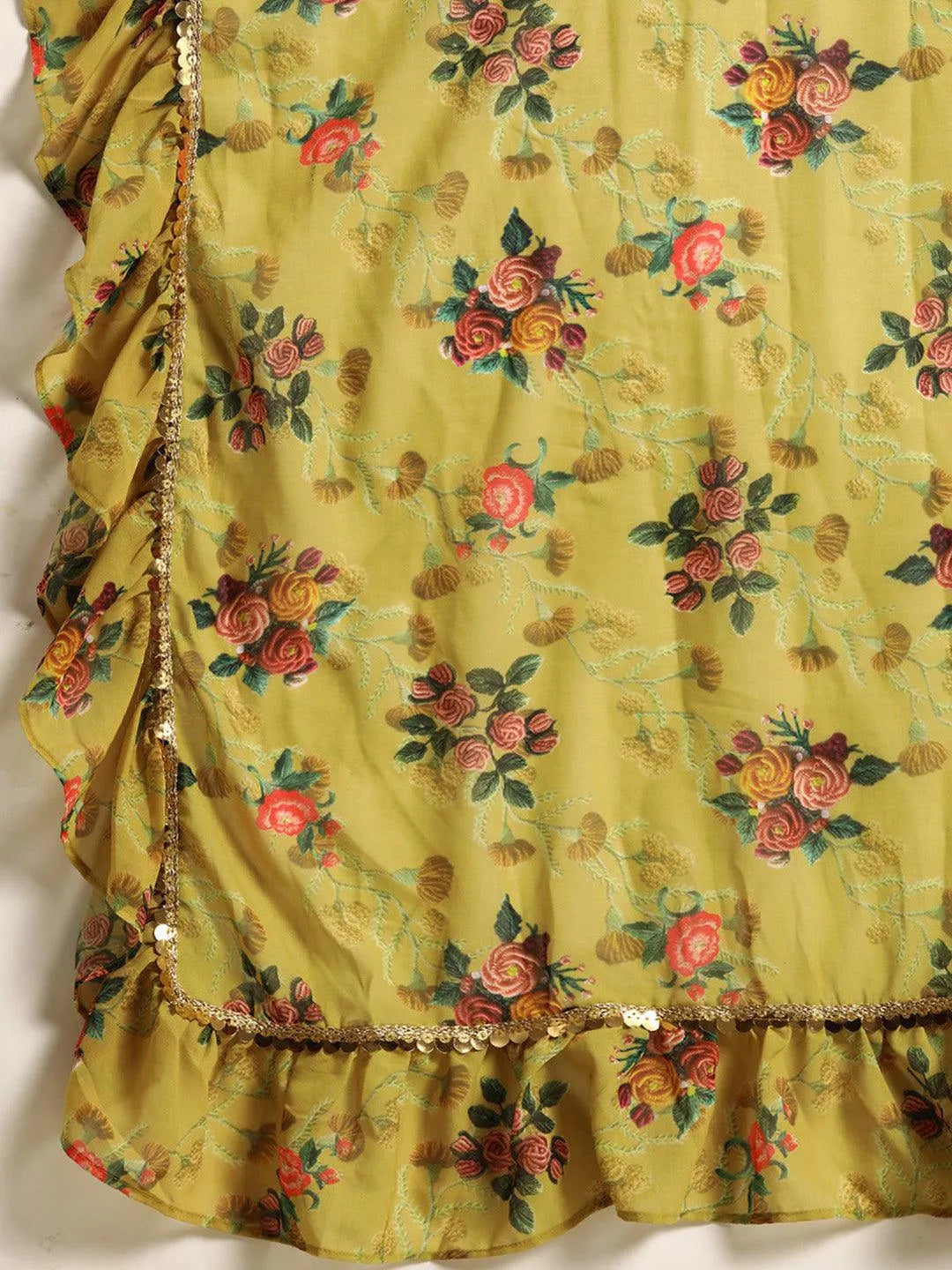 Olive Printed Georgette Palazzo Saree