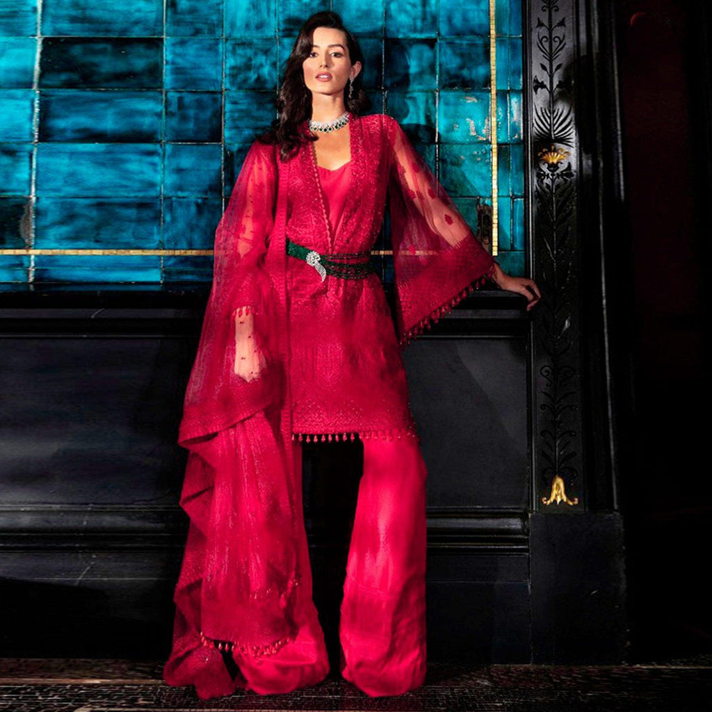 Opulent Red Colored Partywear Embroidered Netted Palazzo Suit