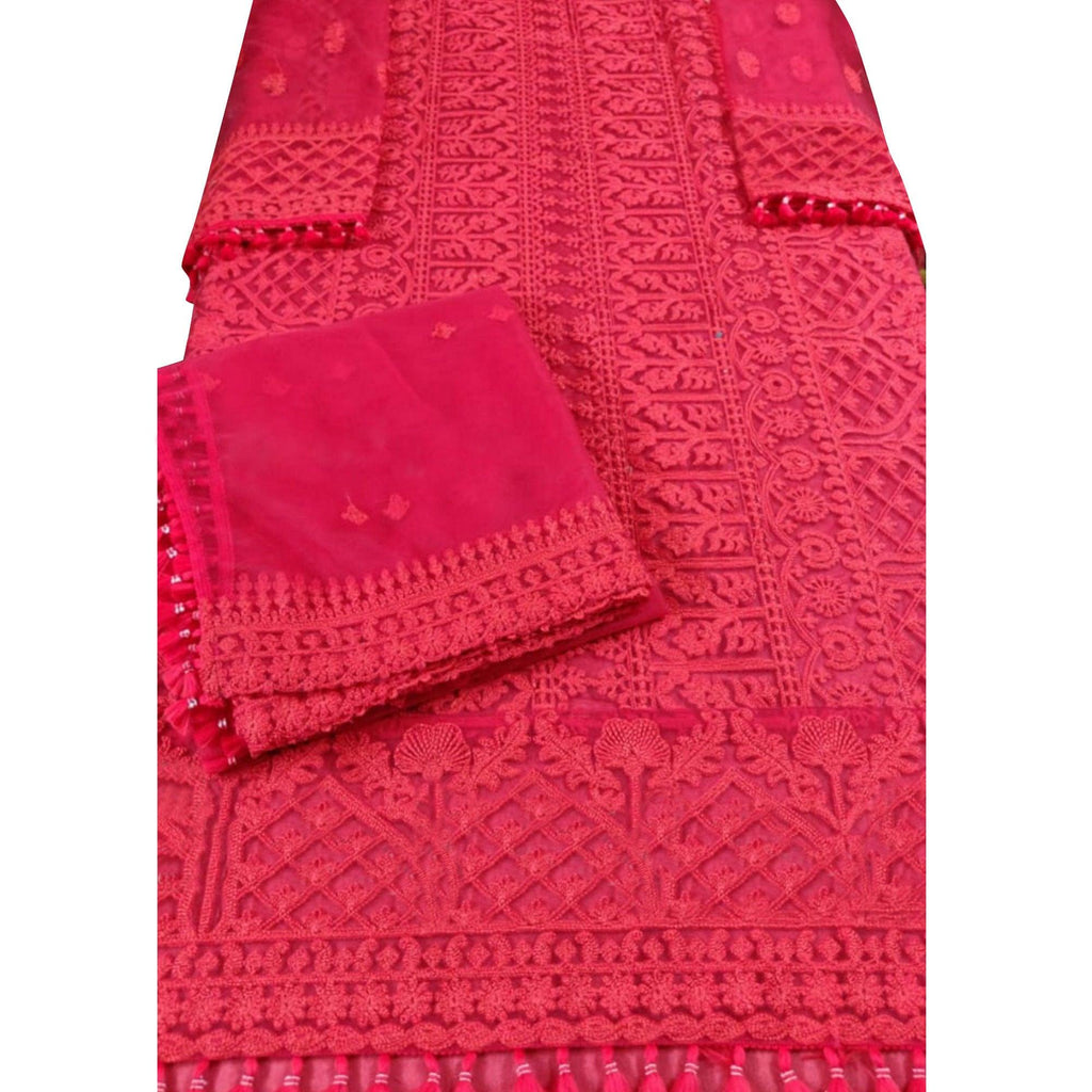 Opulent Red Colored Partywear Embroidered Netted Palazzo Suit