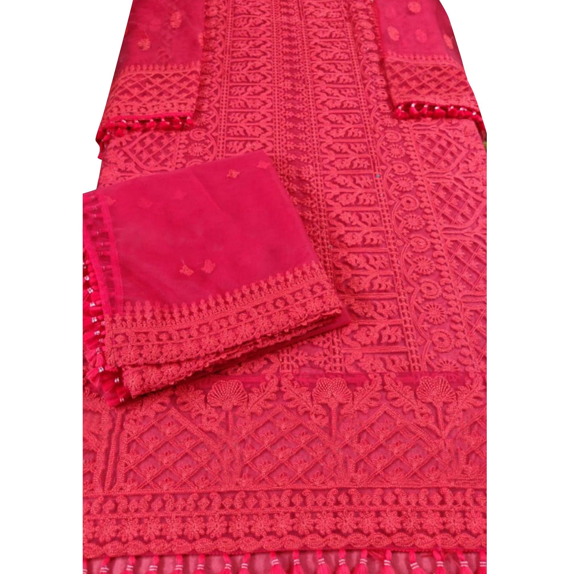 Opulent Red Colored Partywear Embroidered Netted Palazzo Suit