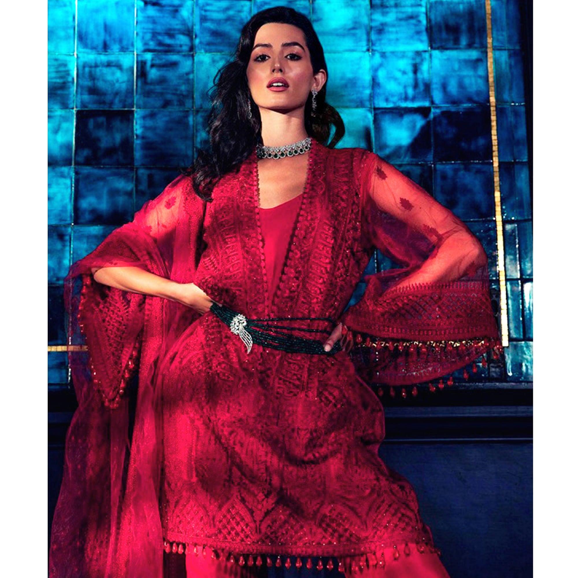 Opulent Red Colored Partywear Embroidered Netted Palazzo Suit