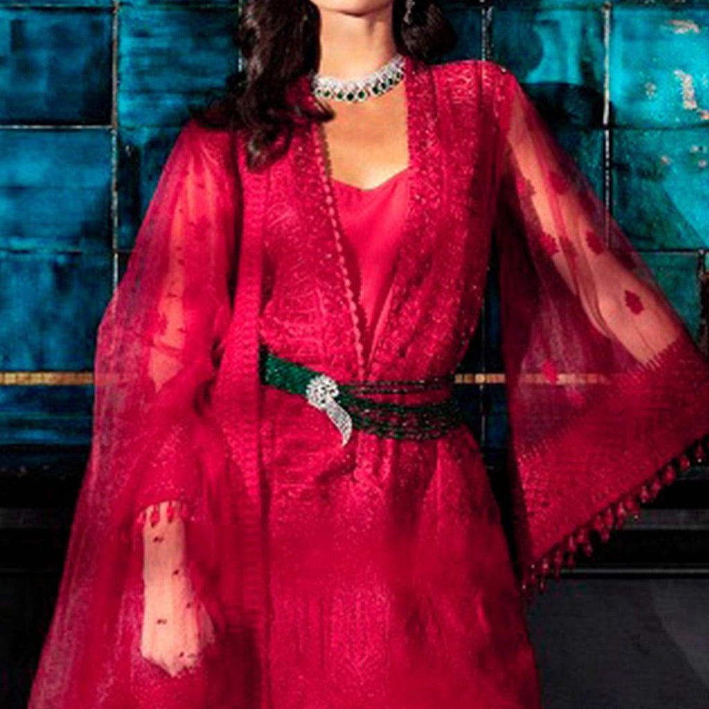 Opulent Red Colored Partywear Embroidered Netted Palazzo Suit