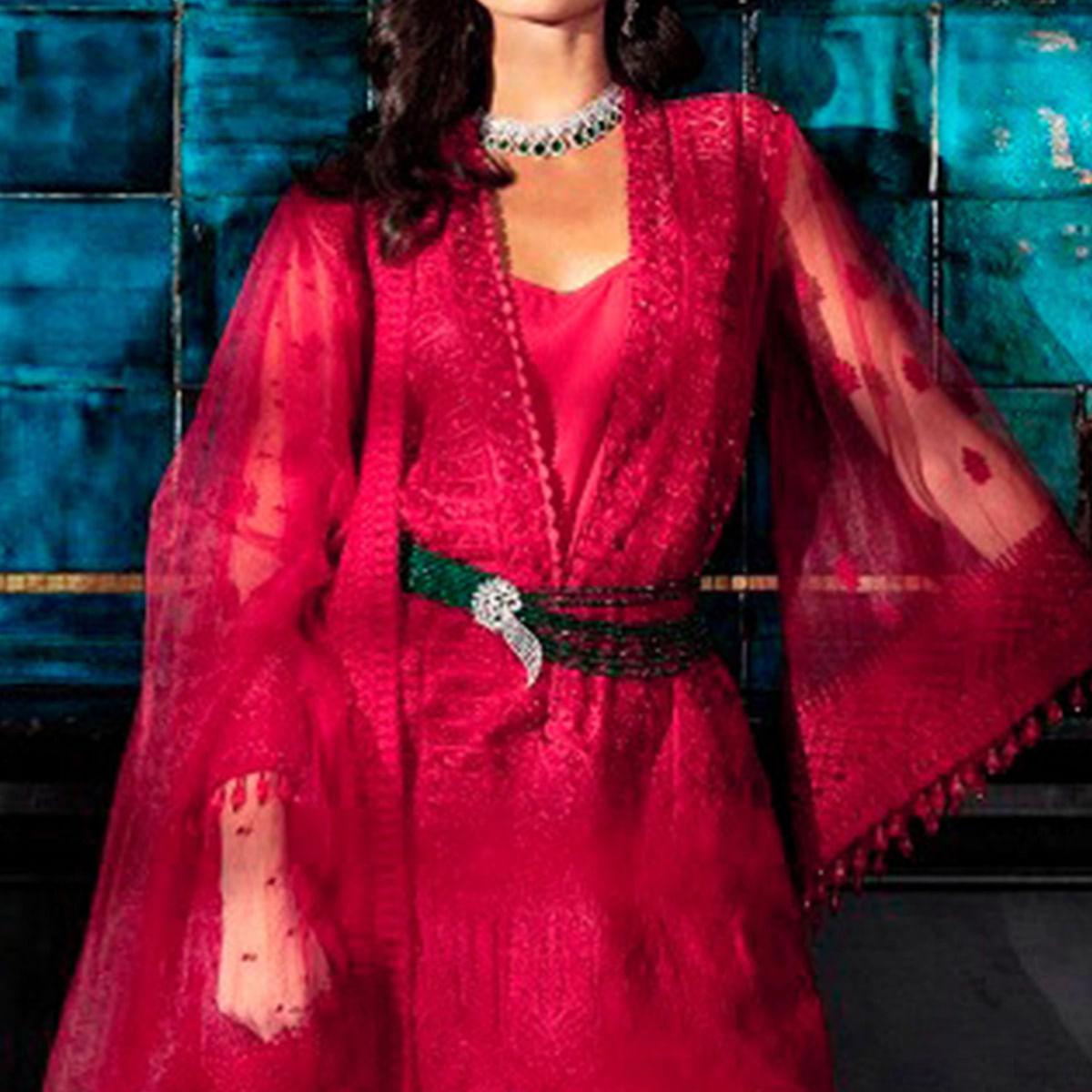 Opulent Red Colored Partywear Embroidered Netted Palazzo Suit