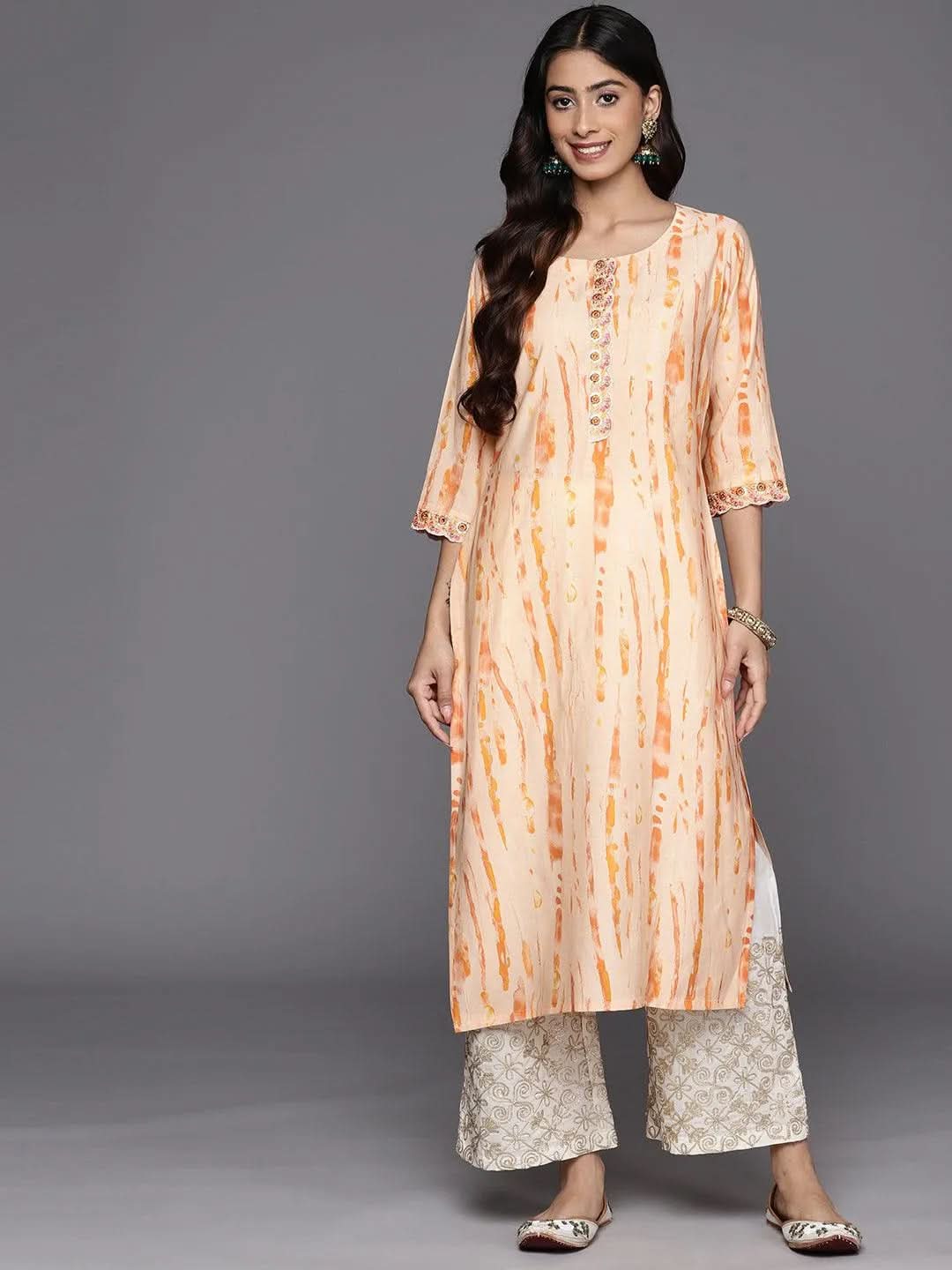Orange Printed Silk Straight Kurta - Libas
