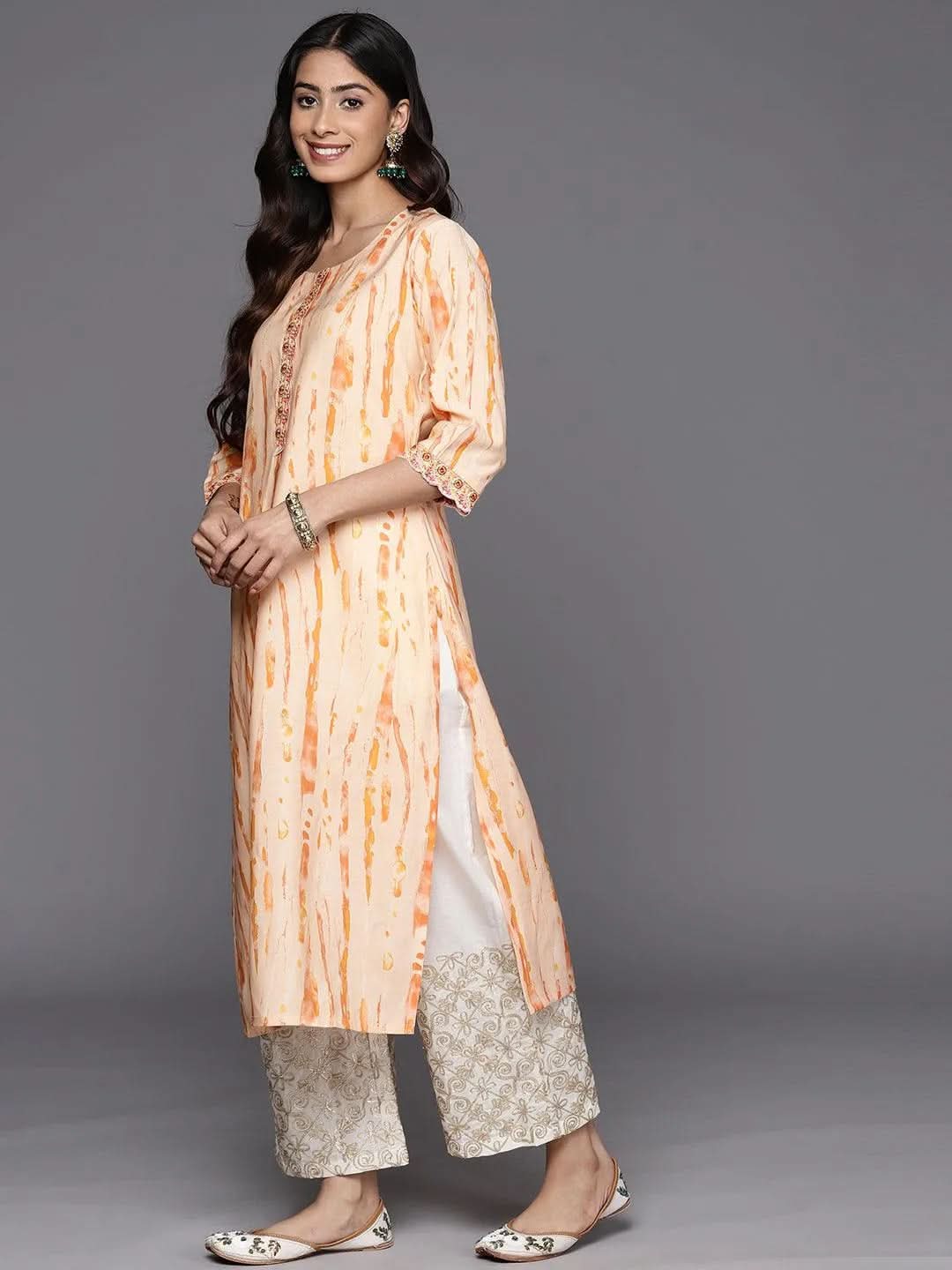 Orange Printed Silk Straight Kurta - Libas