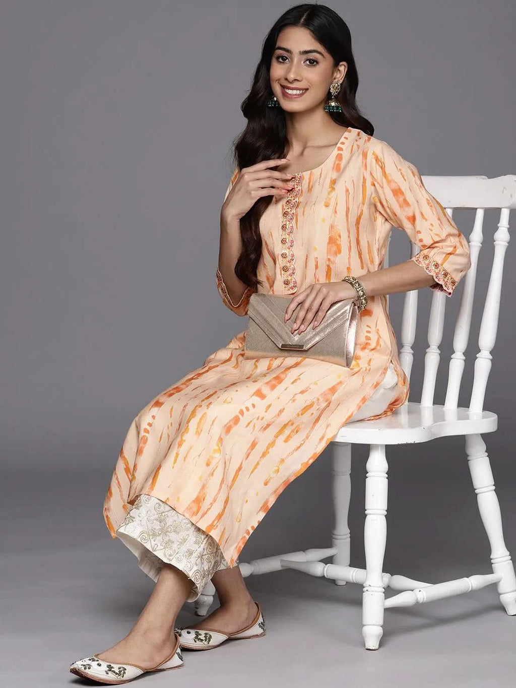 Orange Printed Silk Straight Kurta - Libas