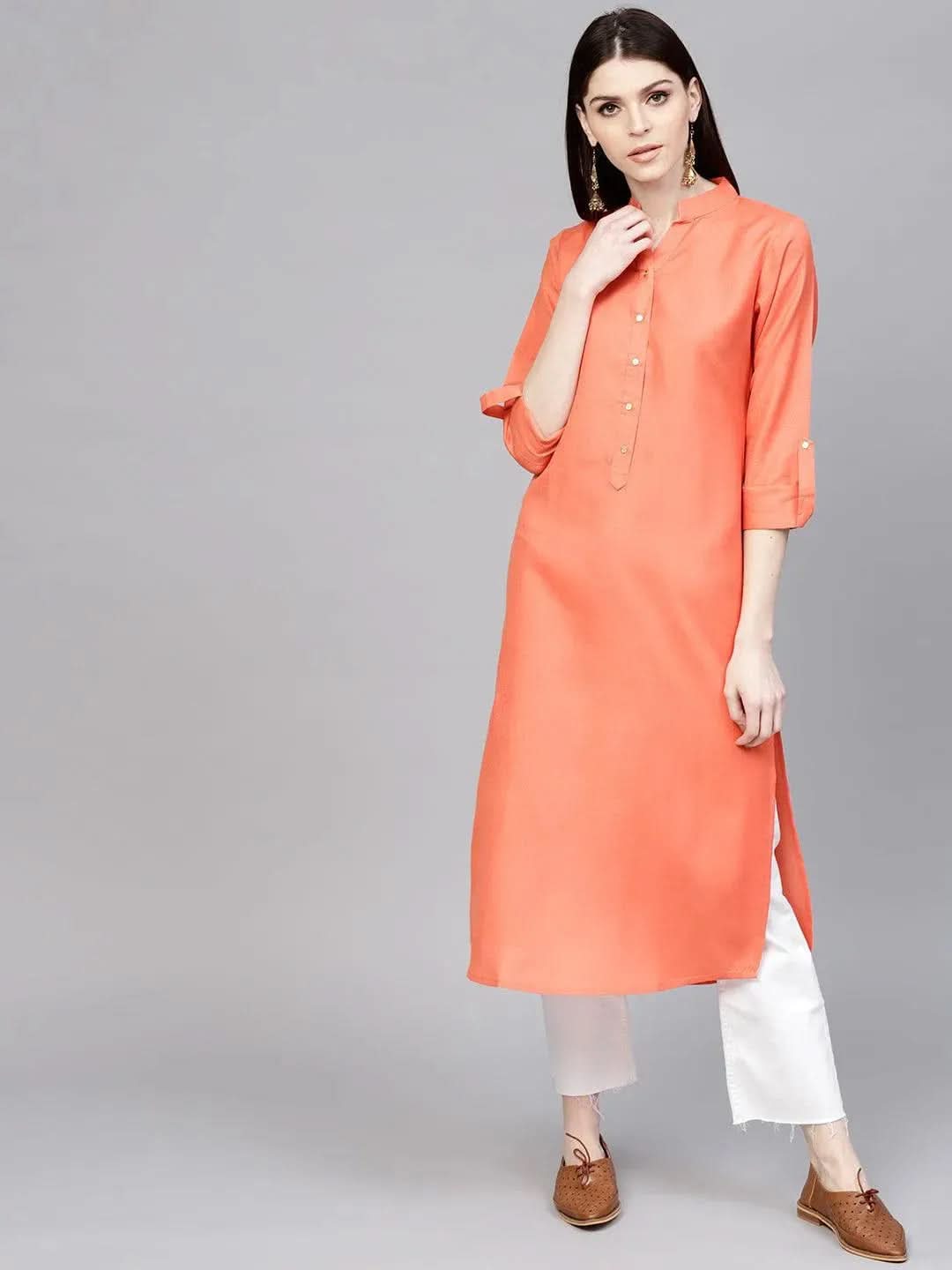 Orange Solid Cotton Kurta - Libas