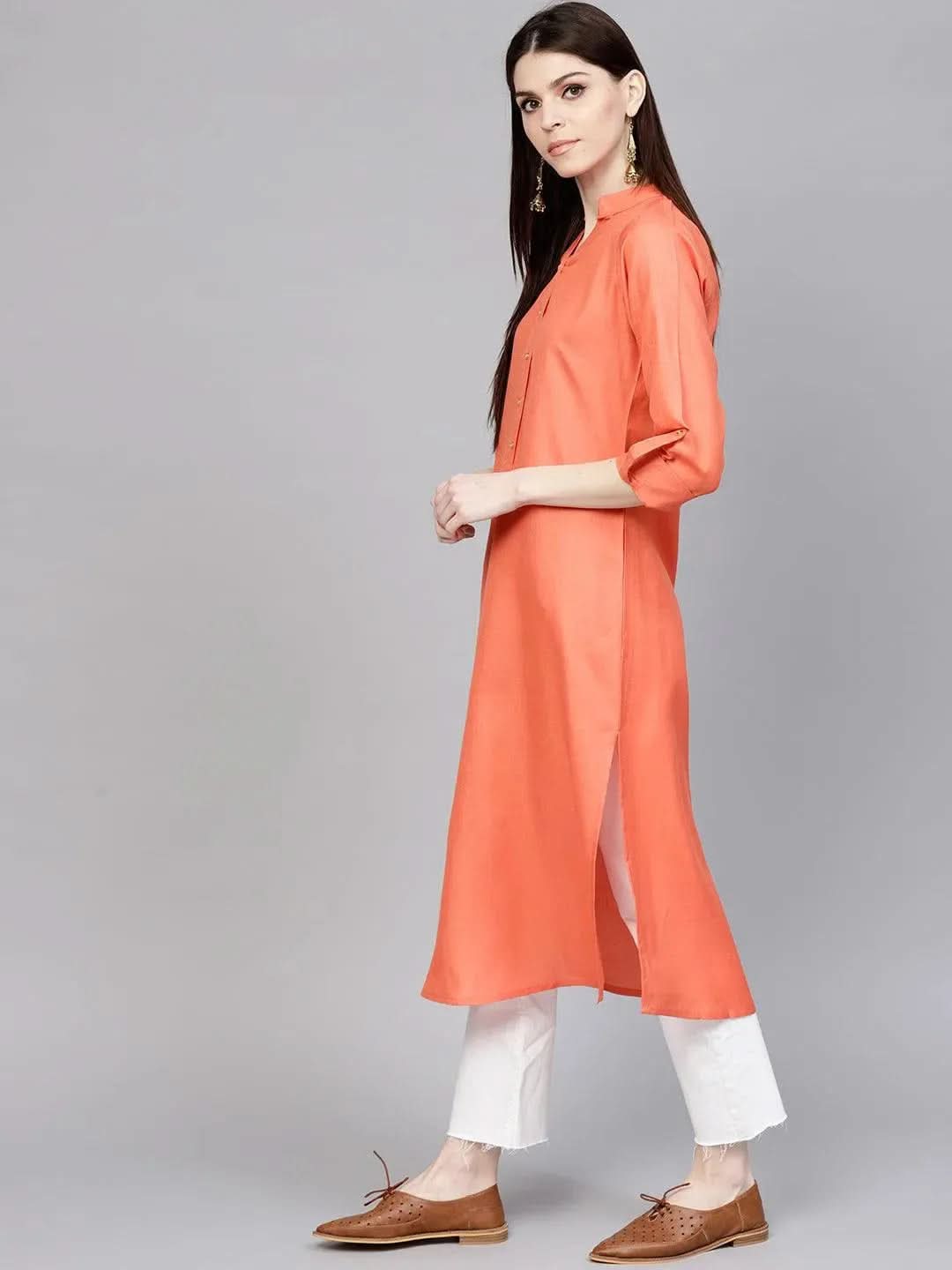 Orange Solid Cotton Kurta - Libas