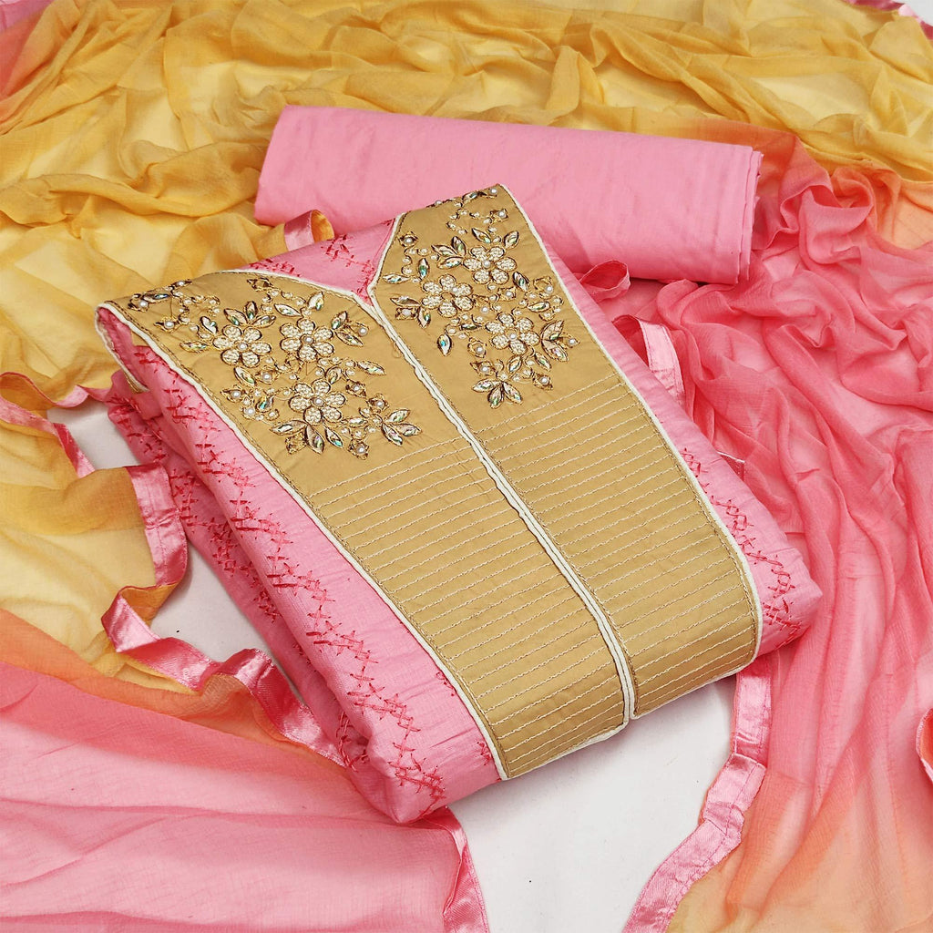 Peach Casual Wear Floral Embroidered Work Cotton Dress Material