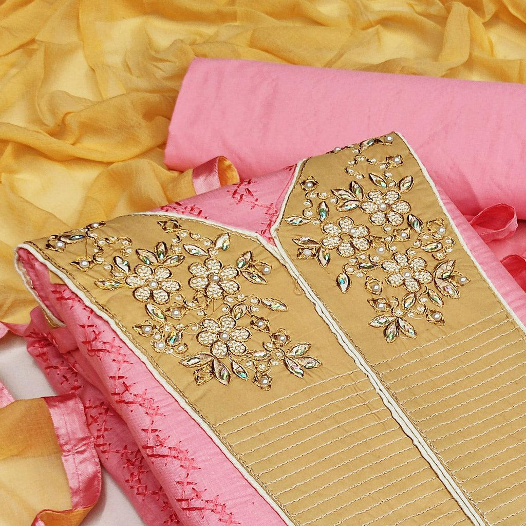 Peach Casual Wear Floral Embroidered Work Cotton Dress Material