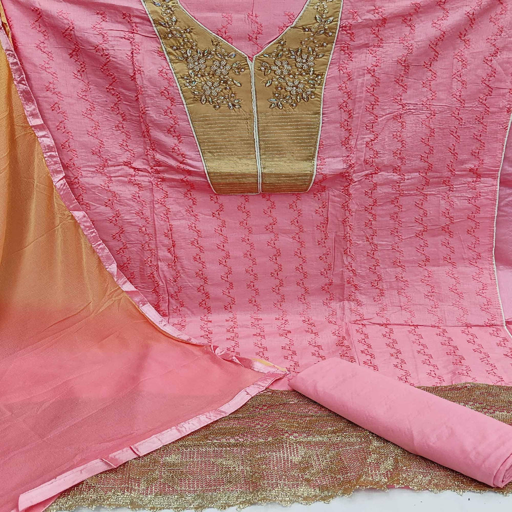 Peach Casual Wear Floral Embroidered Work Cotton Dress Material