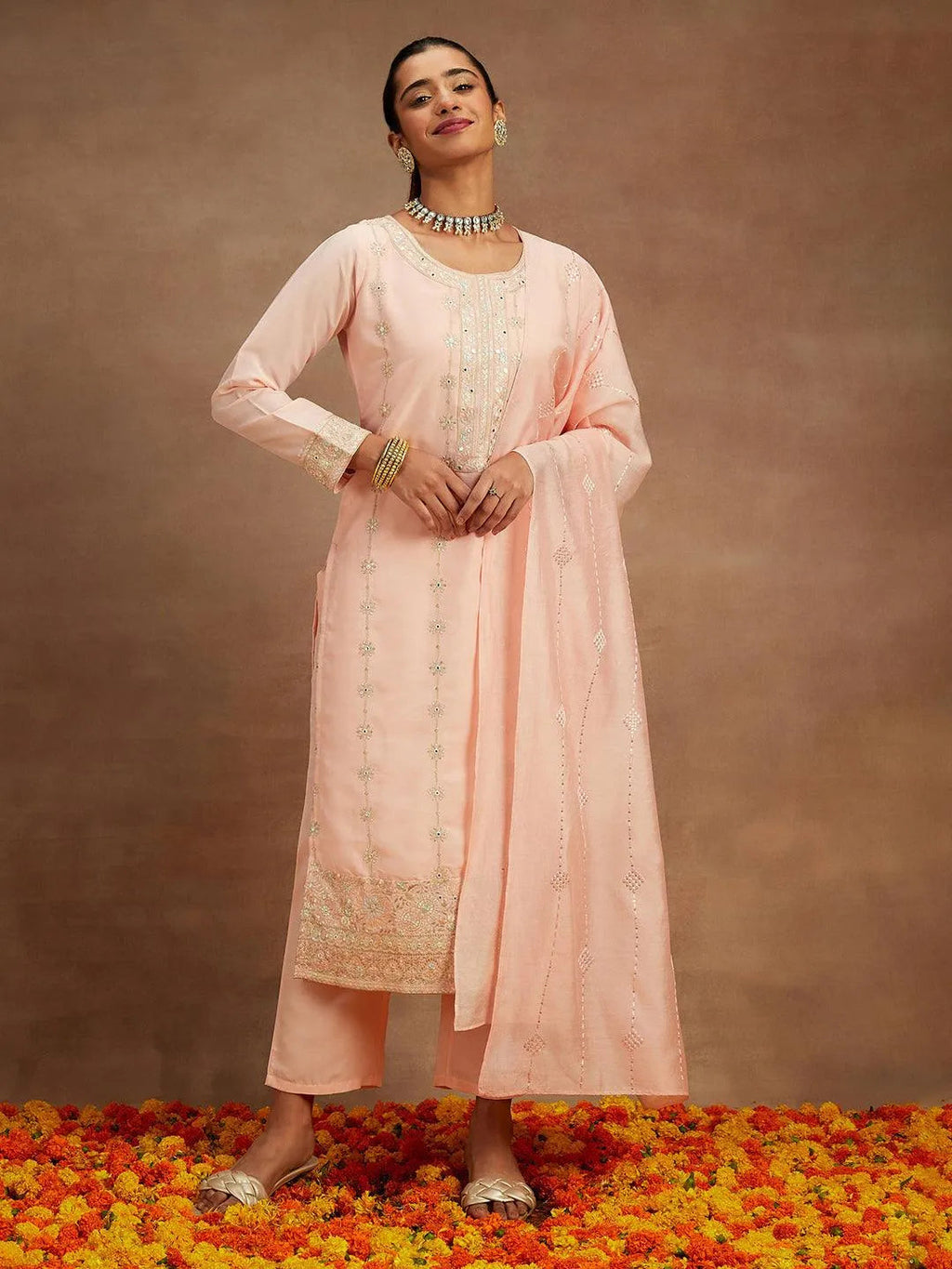 Peach Embroidered Silk Straight Suit With Dupatta