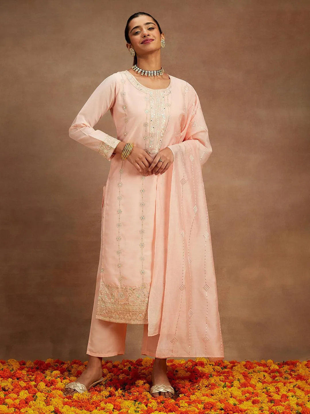 Peach Embroidered Silk Straight Suit With Dupatta