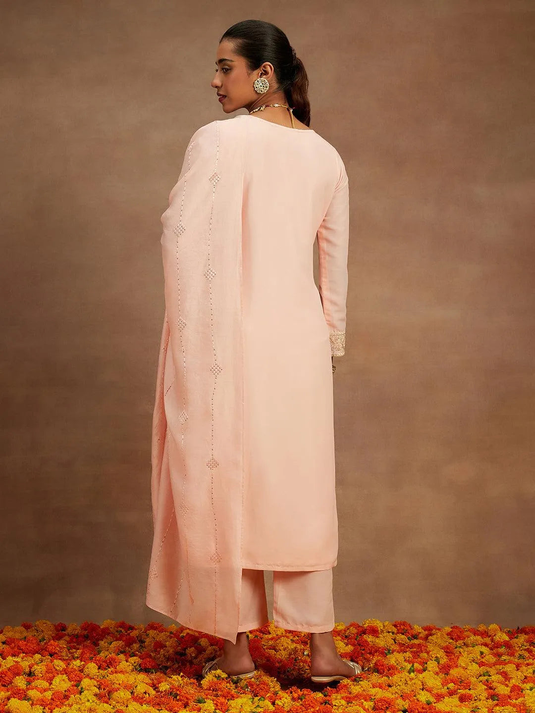 Peach Embroidered Silk Straight Suit With Dupatta