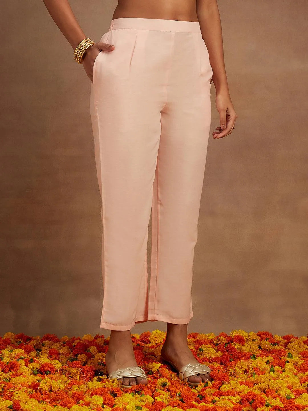 Peach Embroidered Silk Straight Suit With Dupatta