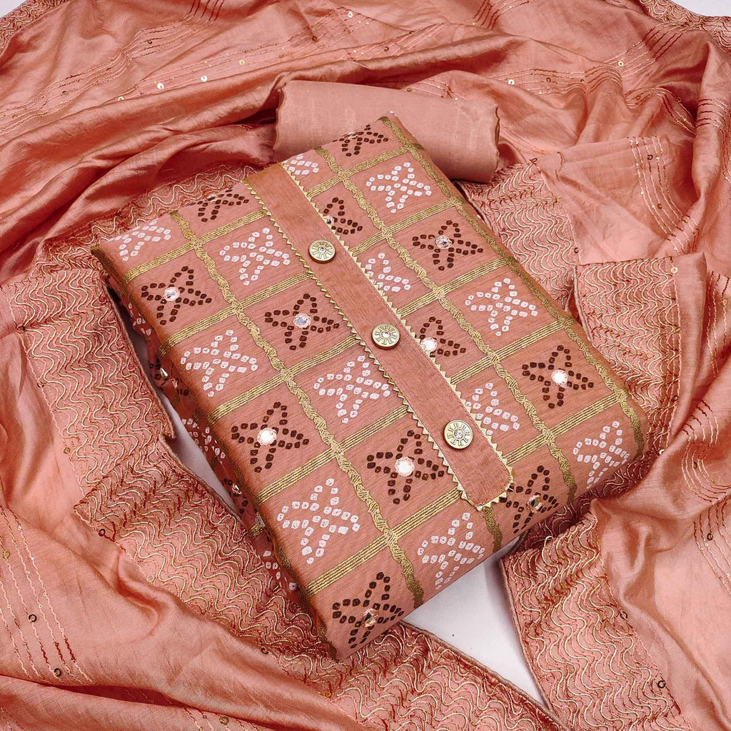 Peach Festive Wear Printed With Handwork Modal Dress Material