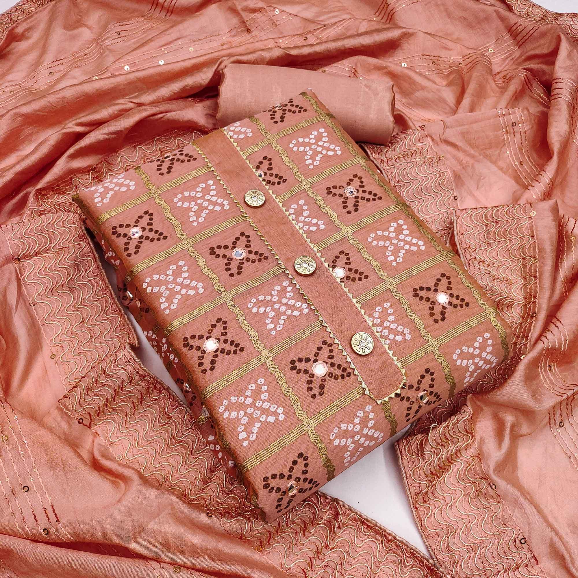 Peach Festive Wear Printed With Handwork Modal Dress Material