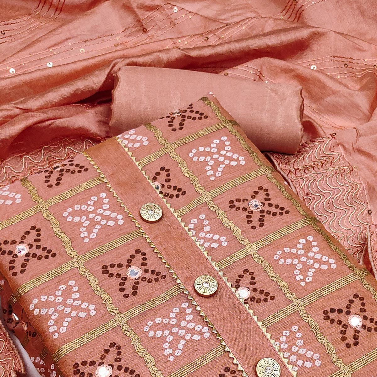Peach Festive Wear Printed With Handwork Modal Dress Material