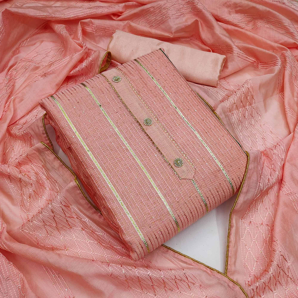 Peach Festive Wear Sequins Embroidered Modal Dress Material