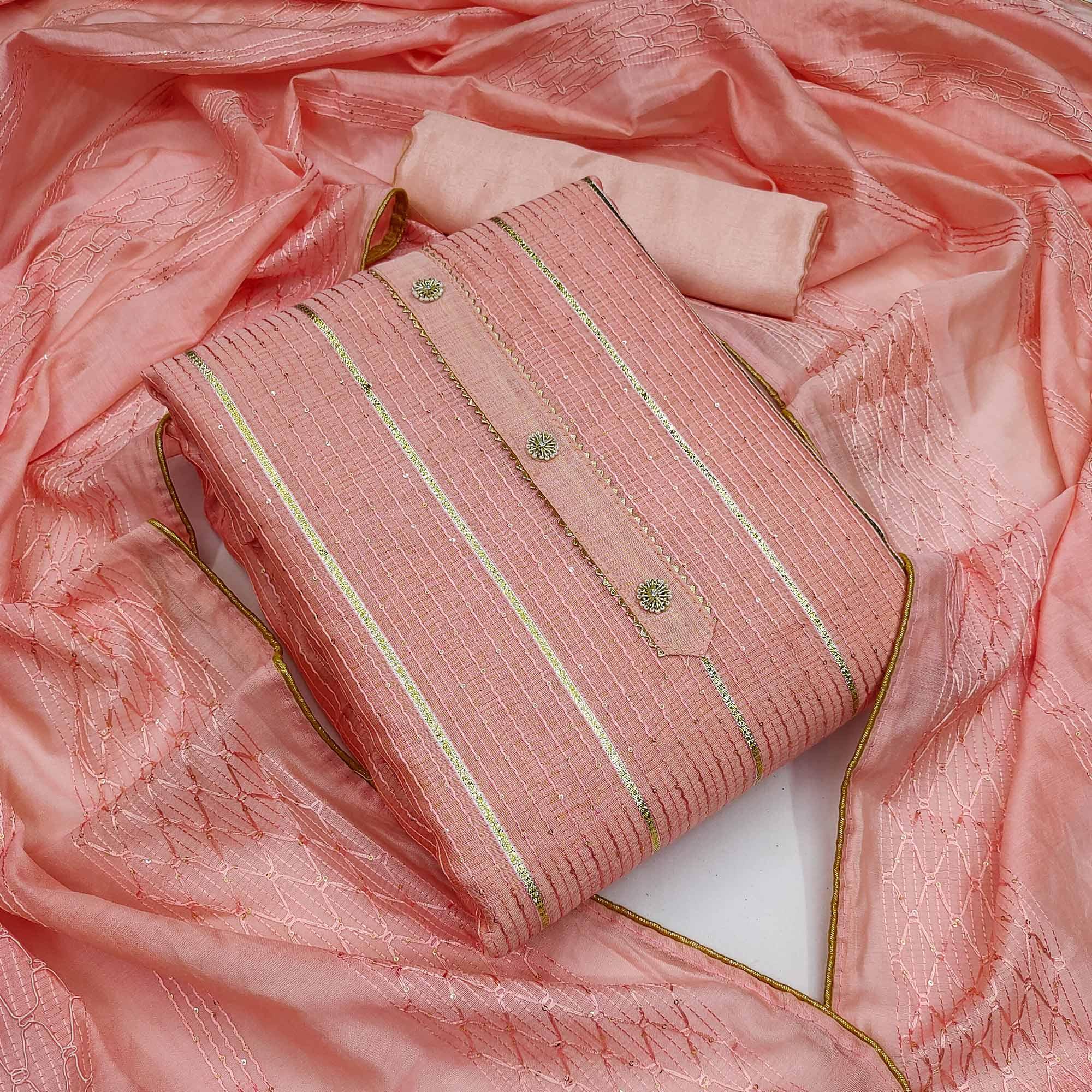 Peach Festive Wear Sequins Embroidered Modal Dress Material