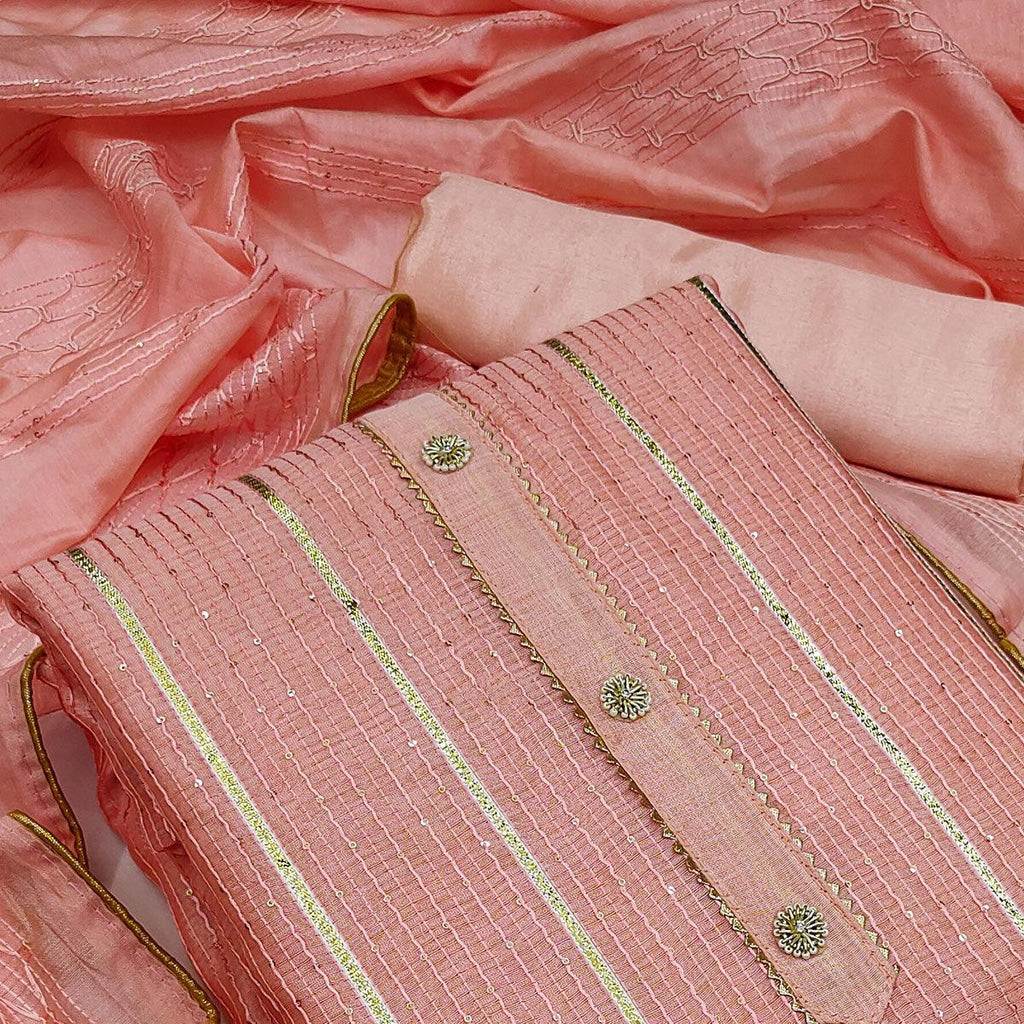 Peach Festive Wear Sequins Embroidered Modal Dress Material