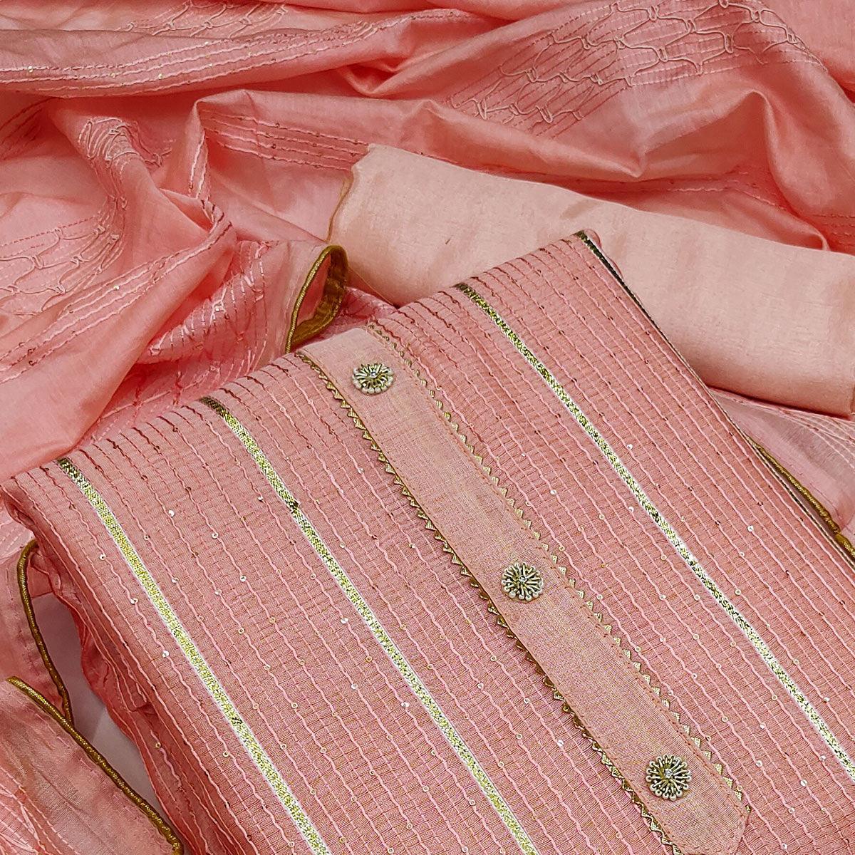 Peach Festive Wear Sequins Embroidered Modal Dress Material