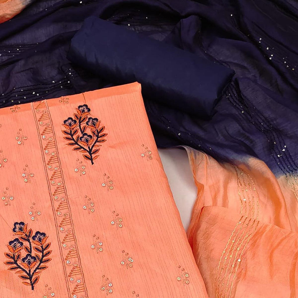 Peach Floral Embroidered Art Silk Dress Material