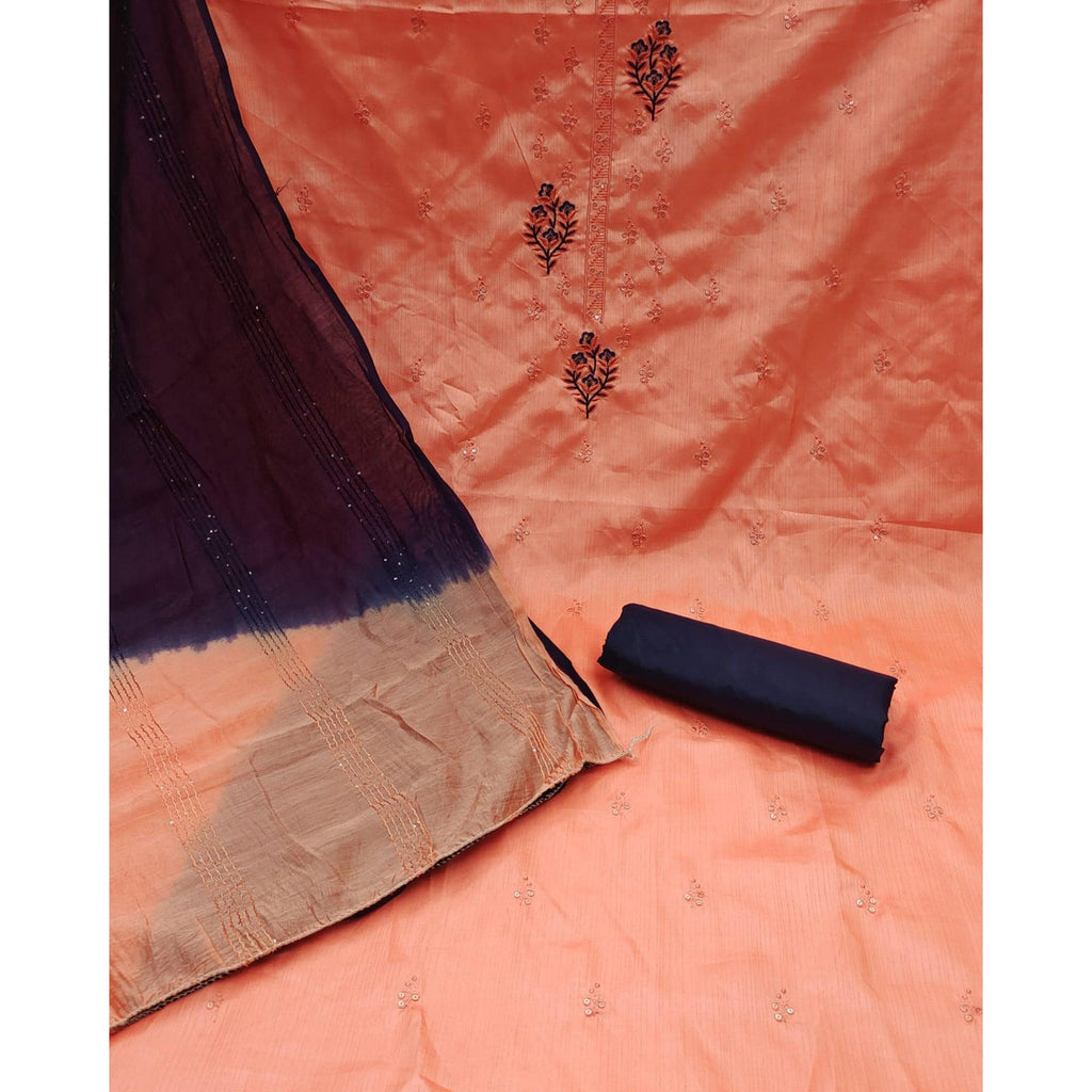 Peach Floral Embroidered Art Silk Dress Material
