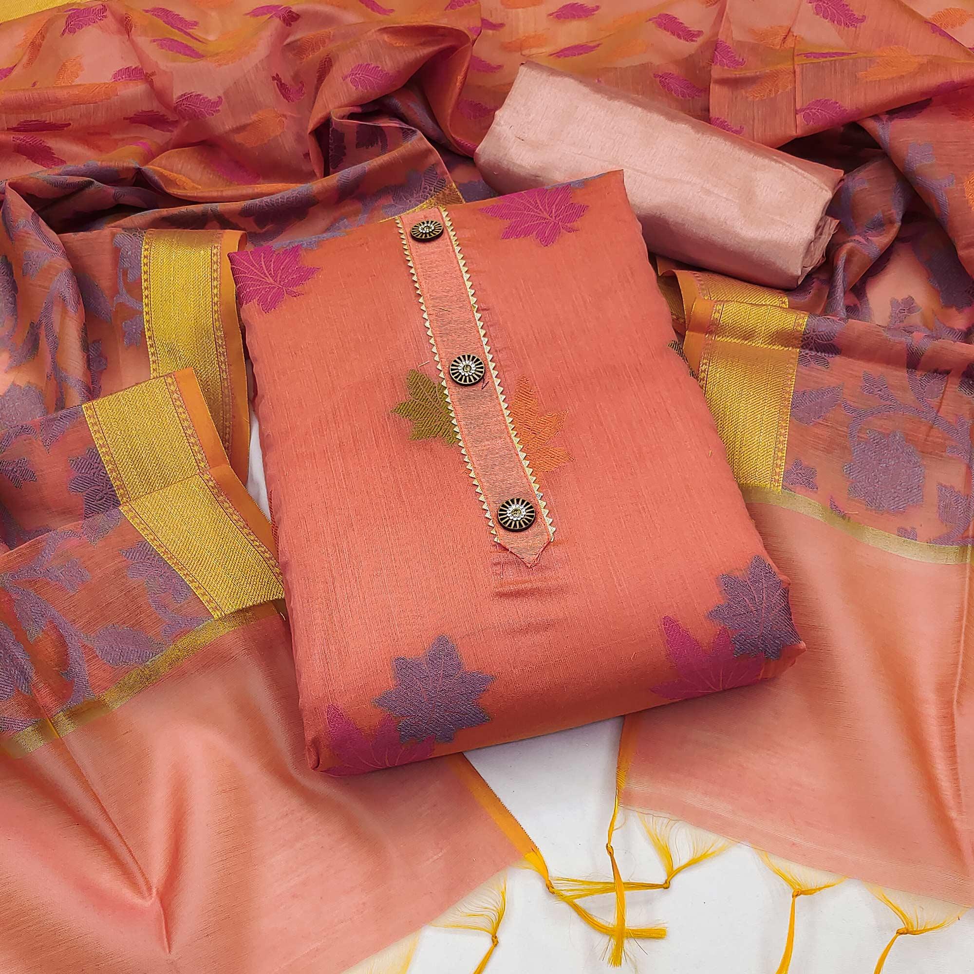Peach Floral Embroidered Banarasi Silk Dress Material