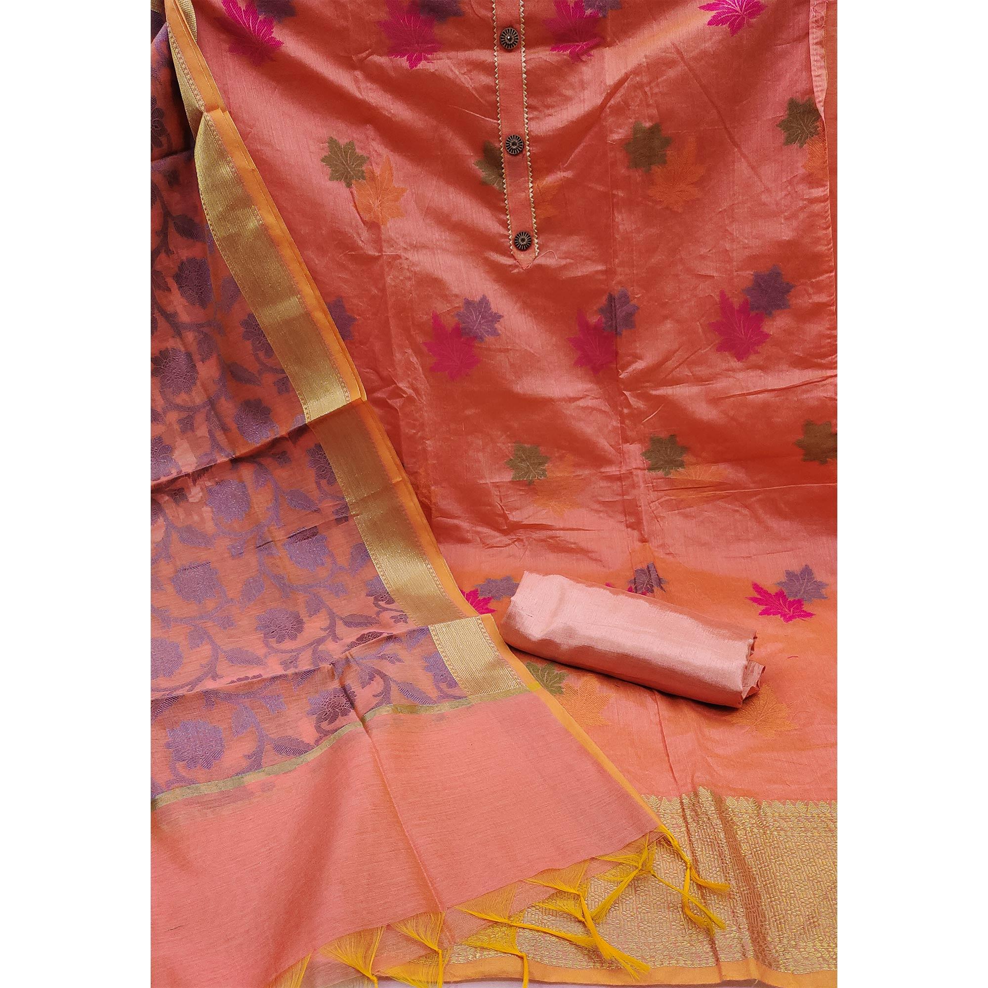 Peach Floral Embroidered Banarasi Silk Dress Material