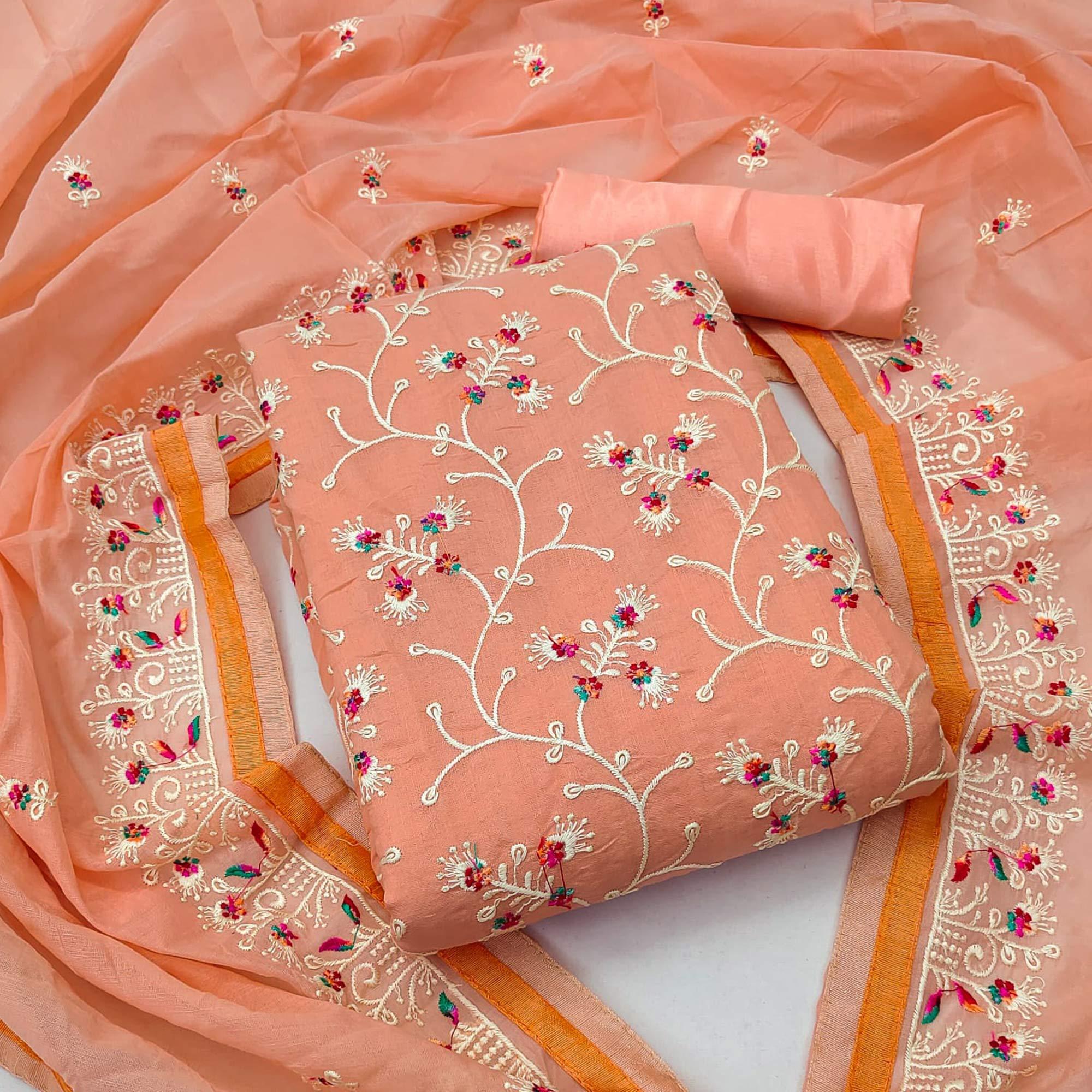 Peach Floral Embroidered Chanderi Dress Material