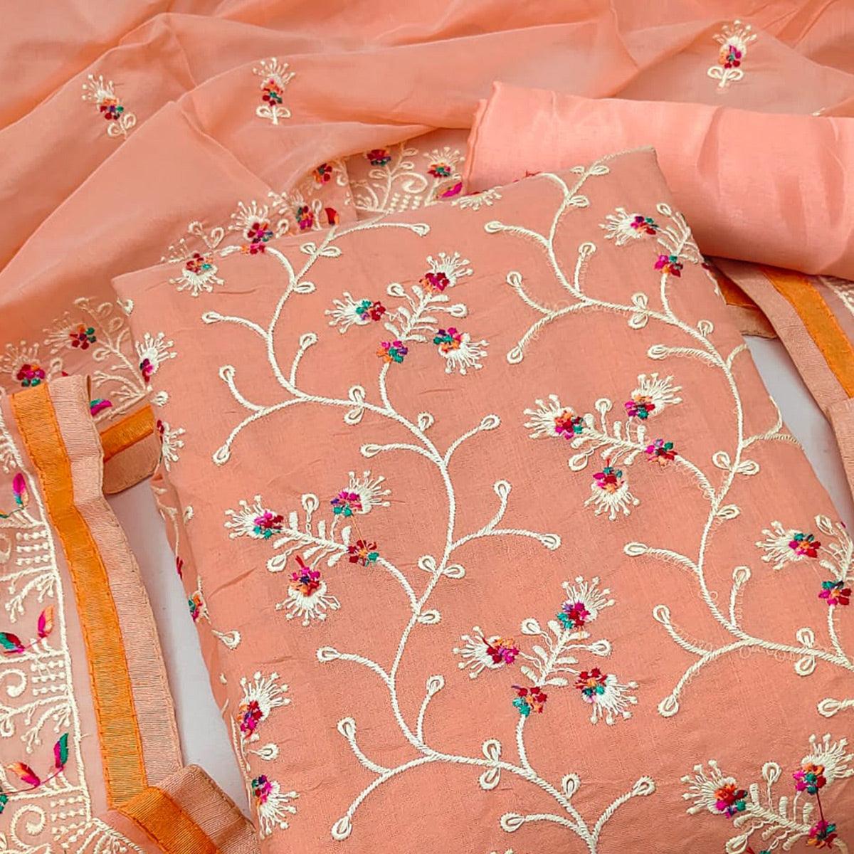 Peach Floral Embroidered Chanderi Dress Material