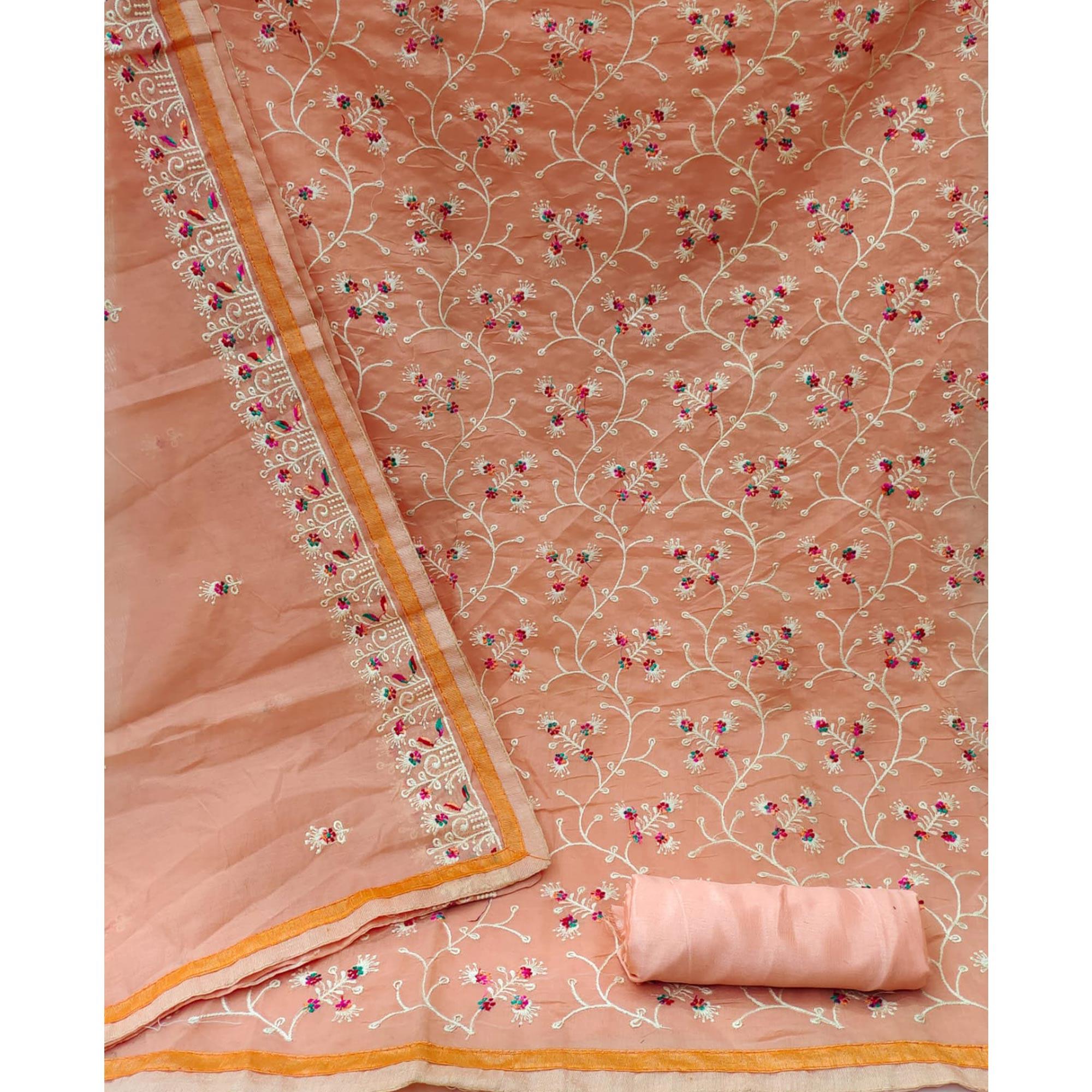 Peach Floral Embroidered Chanderi Dress Material