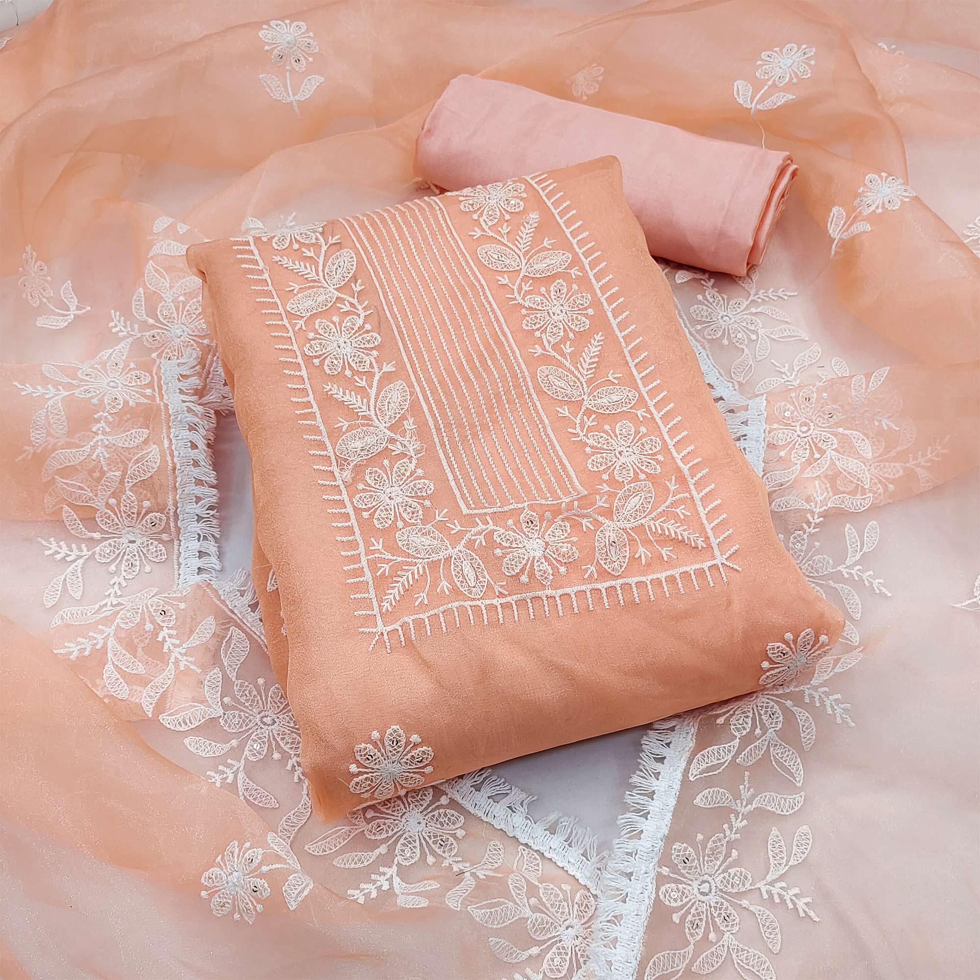 Peach Floral Embroidered Organza Dress Material