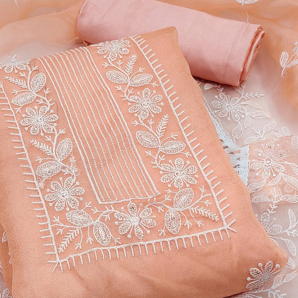 Peach Floral Embroidered Organza Dress Material