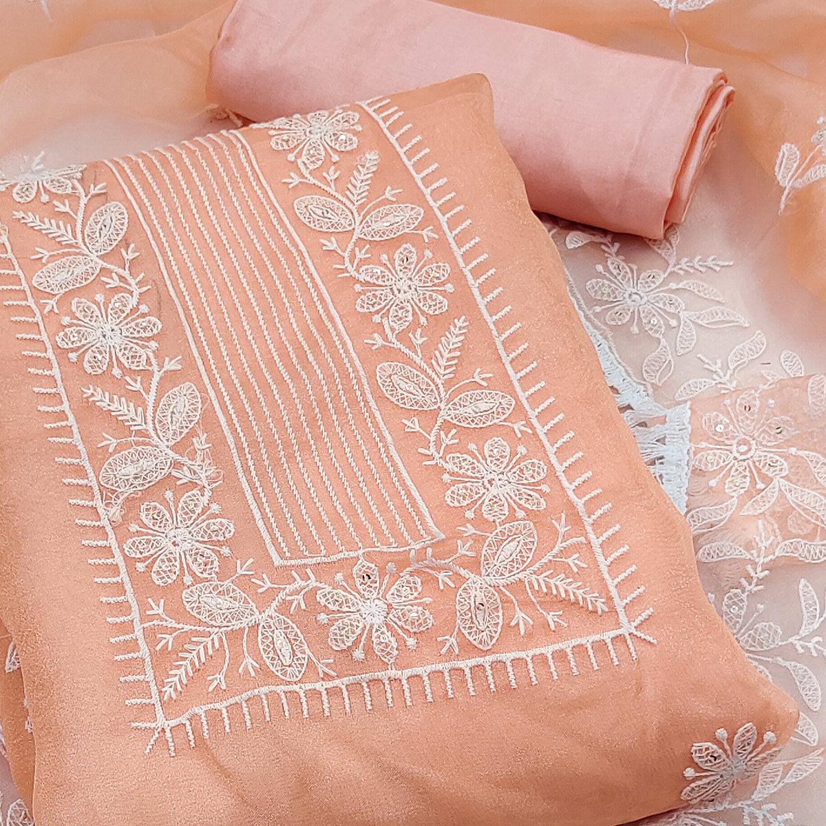 Peach Floral Embroidered Organza Dress Material