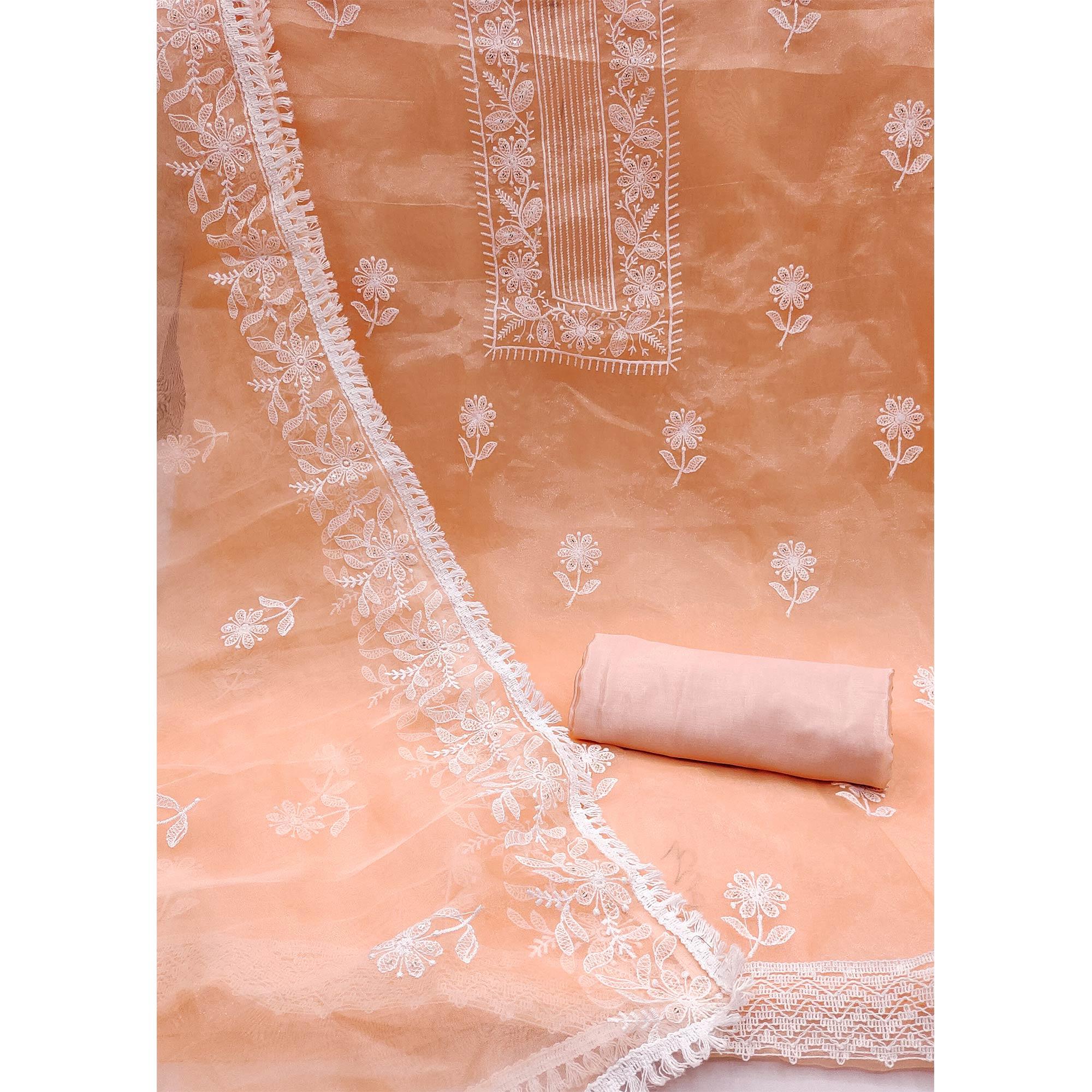 Peach Floral Embroidered Organza Dress Material