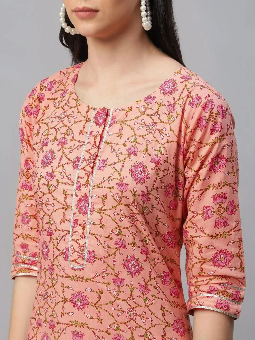 Peach Printed Cotton Kurta - Libas