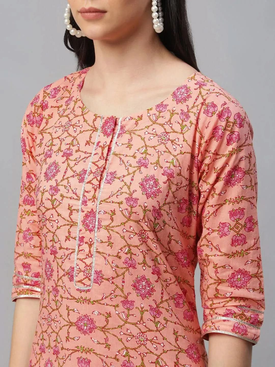 Peach Printed Cotton Kurta - Libas