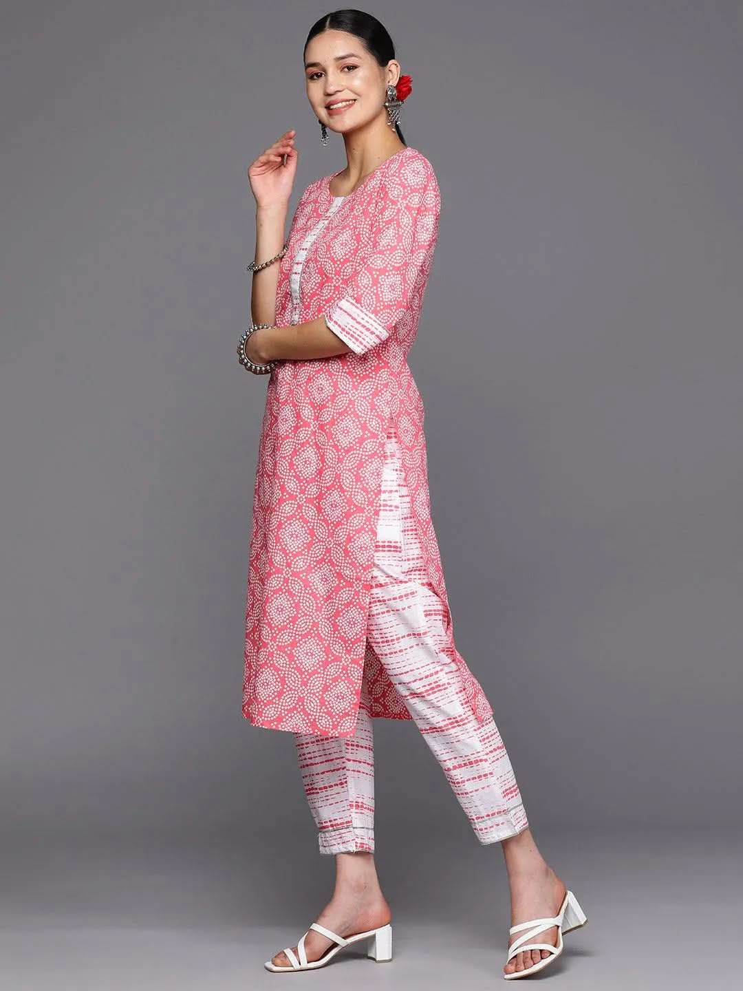 Peach Printed Cotton Straight Kurta With Trousers & Dupatta