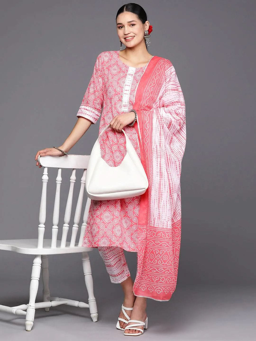 Peach Printed Cotton Straight Kurta With Trousers & Dupatta
