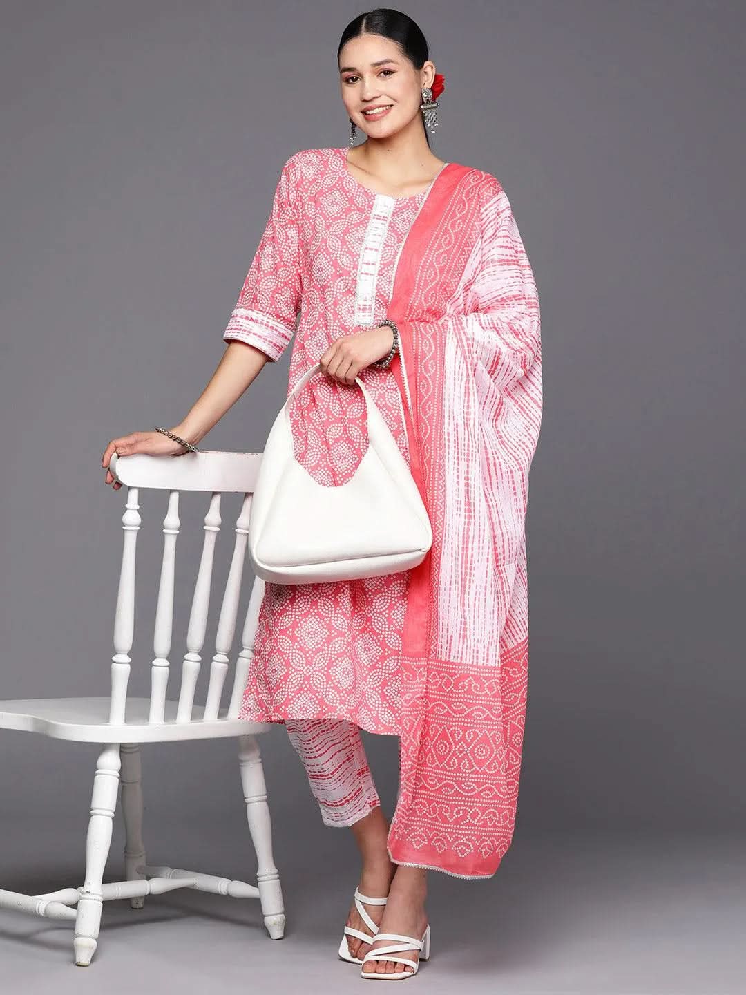 Peach Printed Cotton Straight Kurta With Trousers & Dupatta