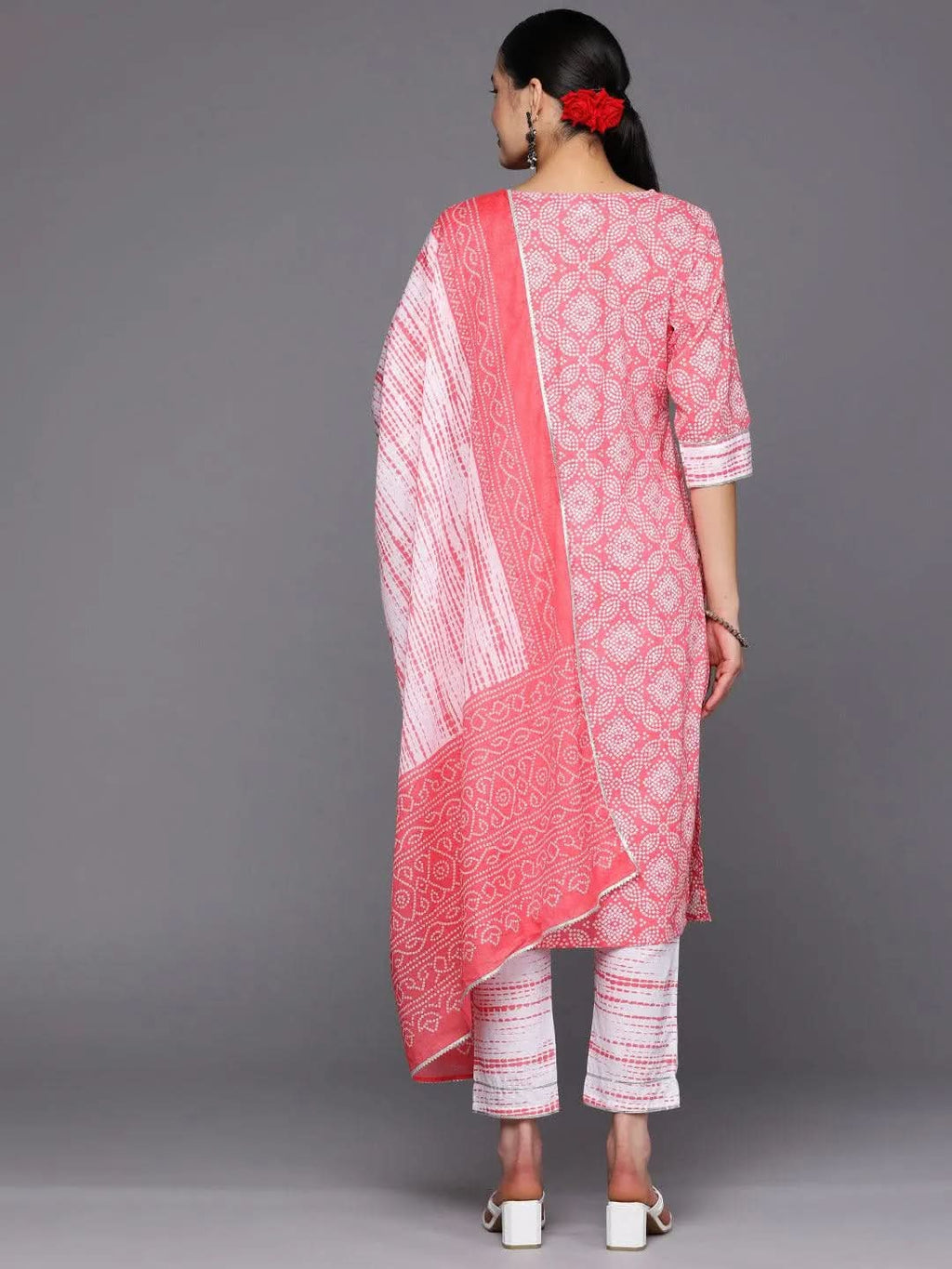 Peach Printed Cotton Straight Kurta With Trousers & Dupatta