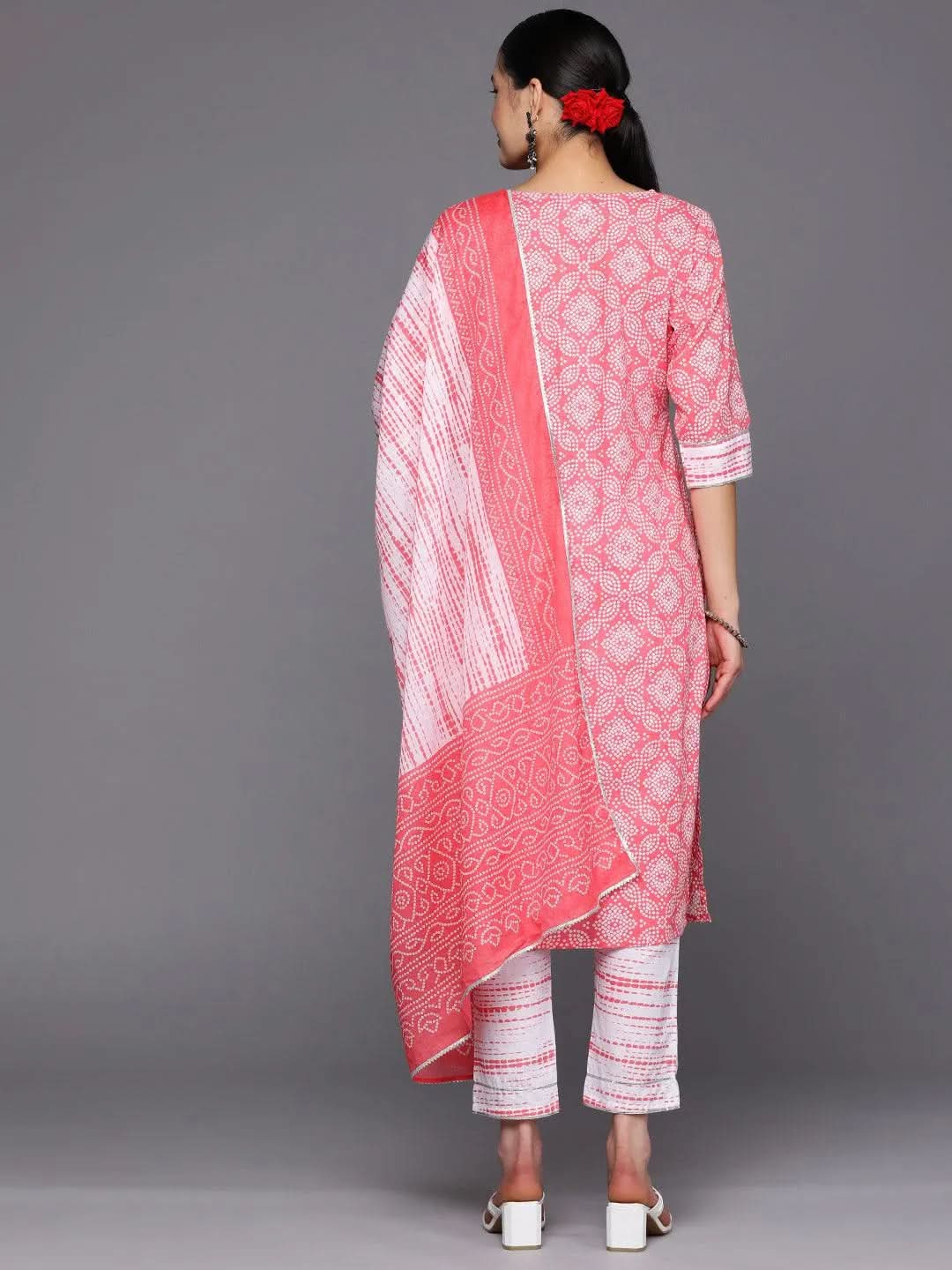 Peach Printed Cotton Straight Kurta With Trousers & Dupatta