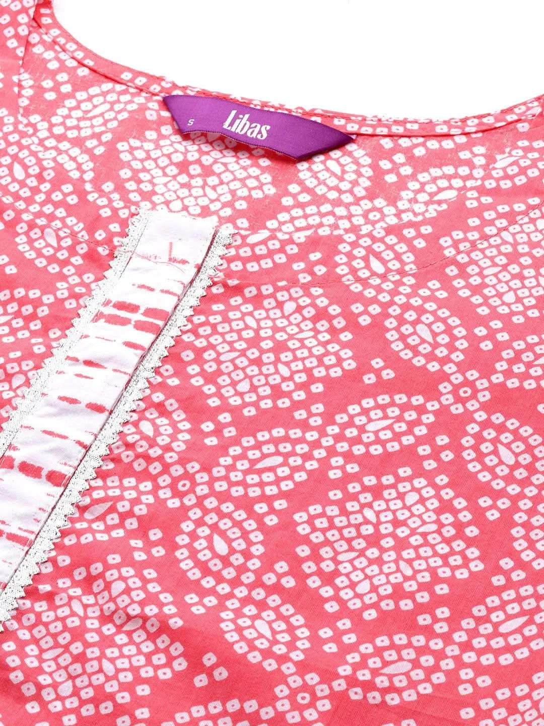 Peach Printed Cotton Straight Kurta With Trousers & Dupatta