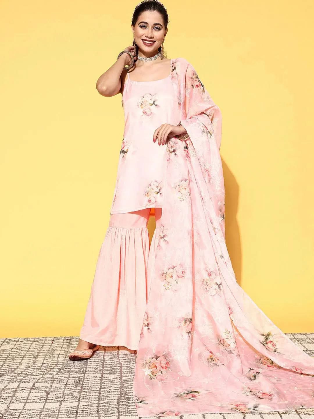 Peach Printed Organza Straight Sharara Suit Set With Dupatta